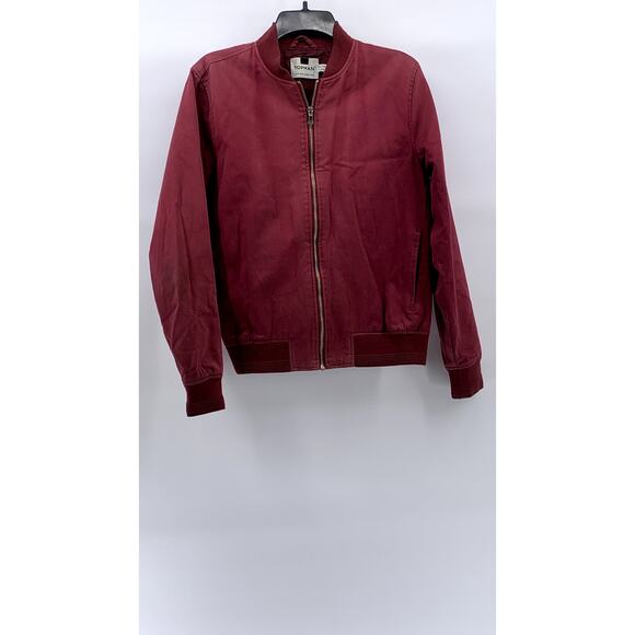 TOPMAN Men's Burgundy Mandarin-Collar Long Sleeve Zip-Up Bomber Jacket SZ S - Picture 1 of 11